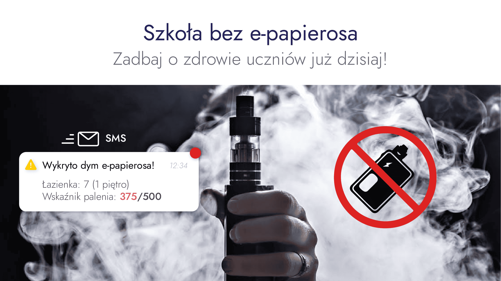 Nowoczesny detektor aerozolu i jakości powietrza, zamontowany na suficie w pokoju hotelowym, wykrywający e-papierosy.