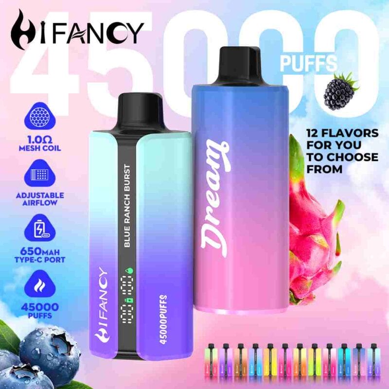 Osoba dyskretnie używająca e-papierosa Hifancy Dream 45000 w codziennym środowisku, np. w biurze lub w kawiarni, podkreślając jego poręczność i dyskrecję.
