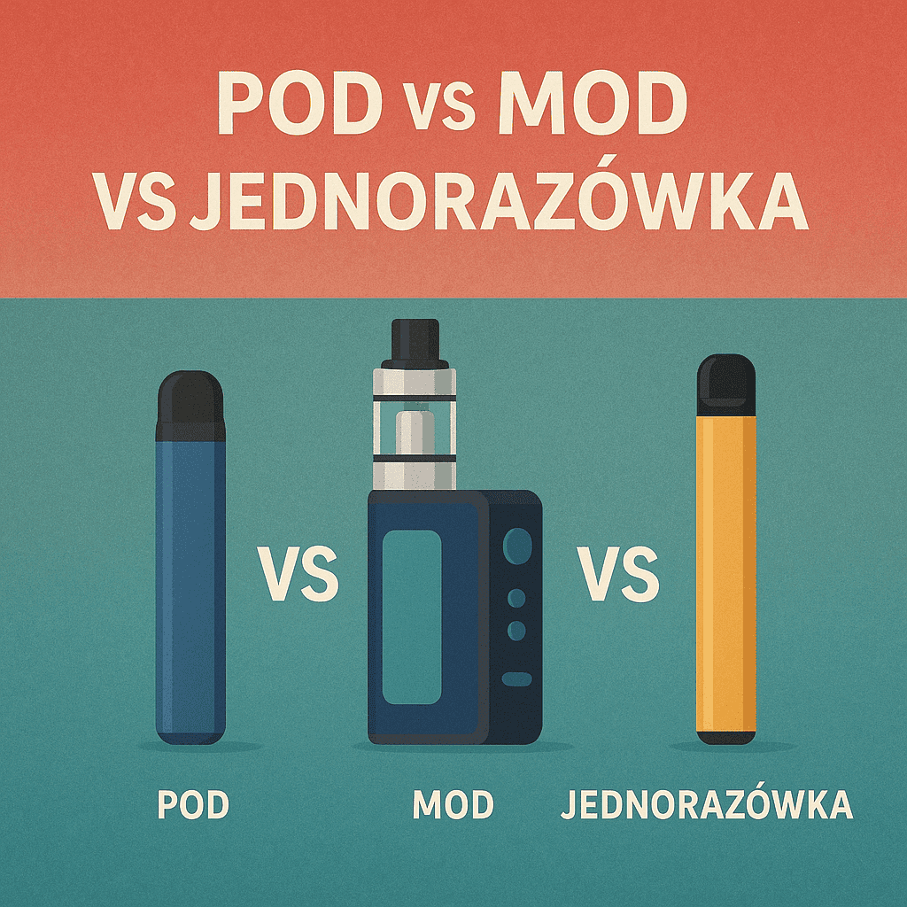 Obraz porównujący duży, starszy model e-papierosa (tzw. mod) z małym, nowoczesnym i dyskretnym e-papierosem jednorazowym lub systemem pod.